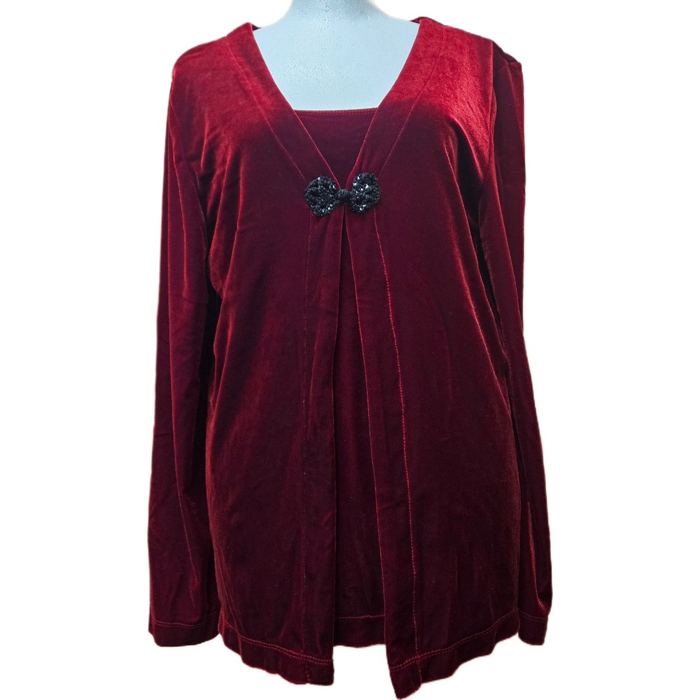 Vintage White Stag Red Velour Mock Twinset Cardigan Black Sequin Closure Size M‎
